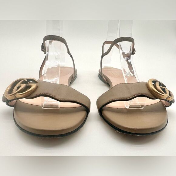 Gucci GG Leather Marmont Ankle Buckle Sandals Scalloped Mud Flat Heel EU37 US7 - Picture 3 of 13